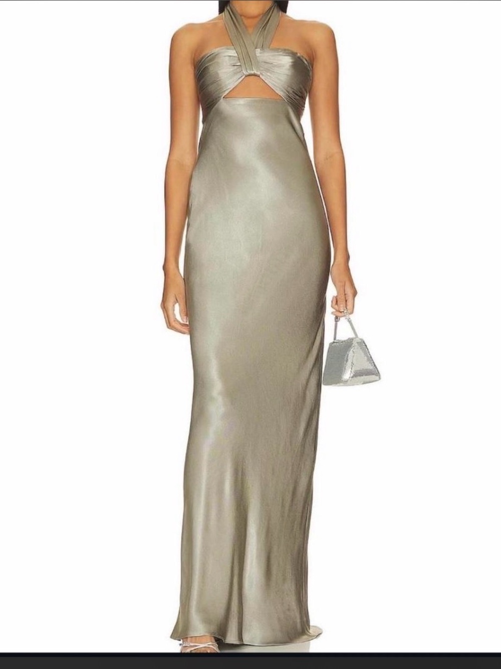 Shona Joy Metallic Olive Halter Cutout Maxi Gown